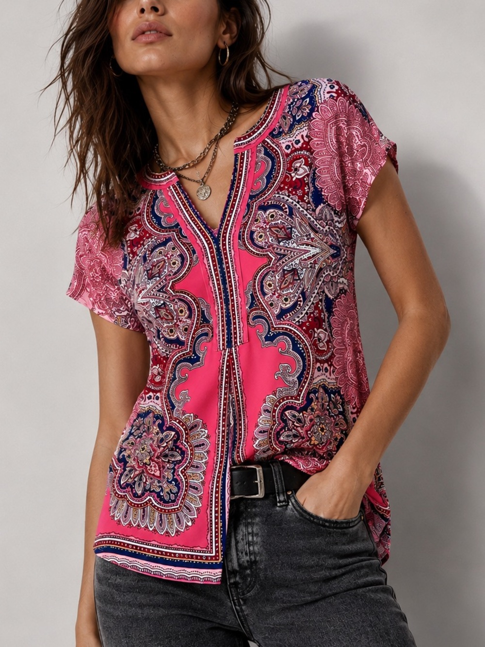 Hale Bob Womens Pink Paisley Cap Sleeve Blouse V-Neck Size Small Pleated Front